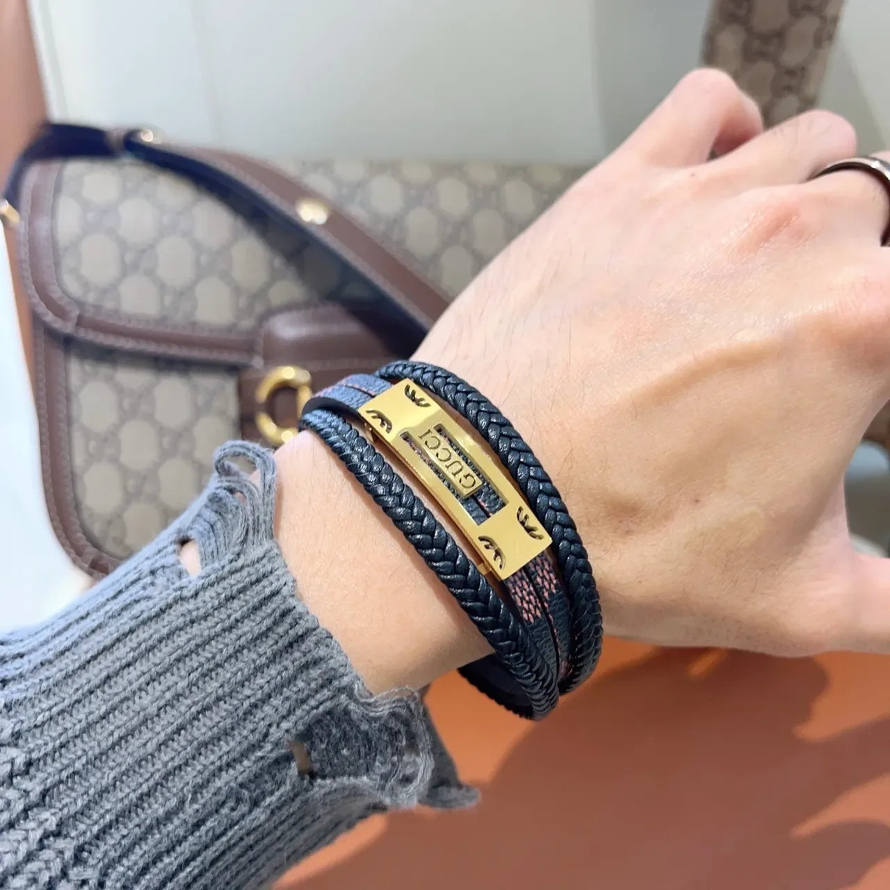 Gucci Black Gold Double-Wrap Braided Leather Bracelet 2