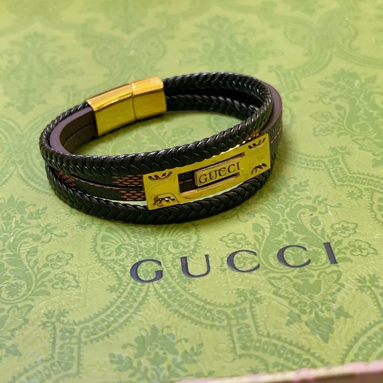 Gucci Black Gold Double-Wrap Braided Leather Bracelet 3
