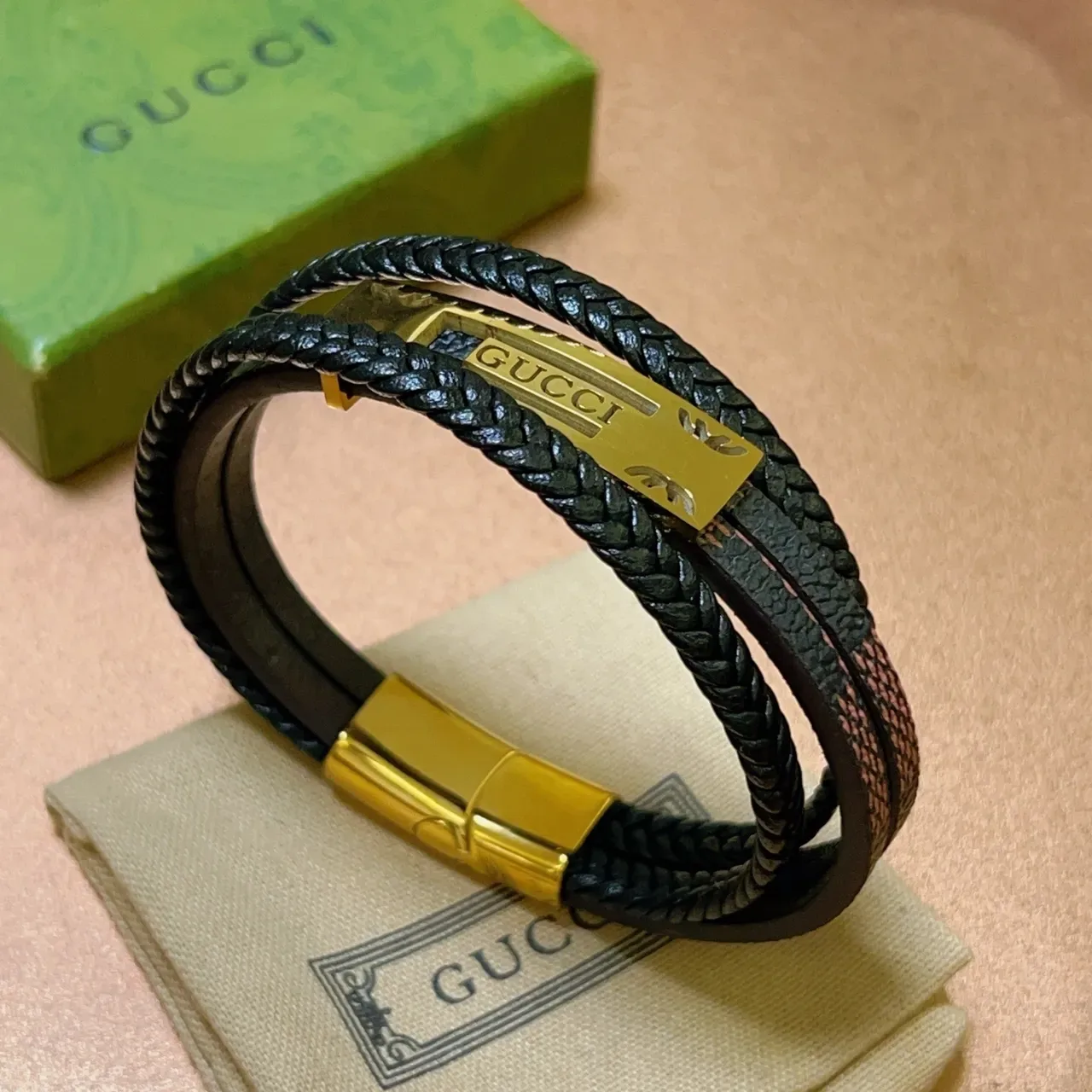 Gucci Black Gold Double-Wrap Braided Leather Bracelet 4
