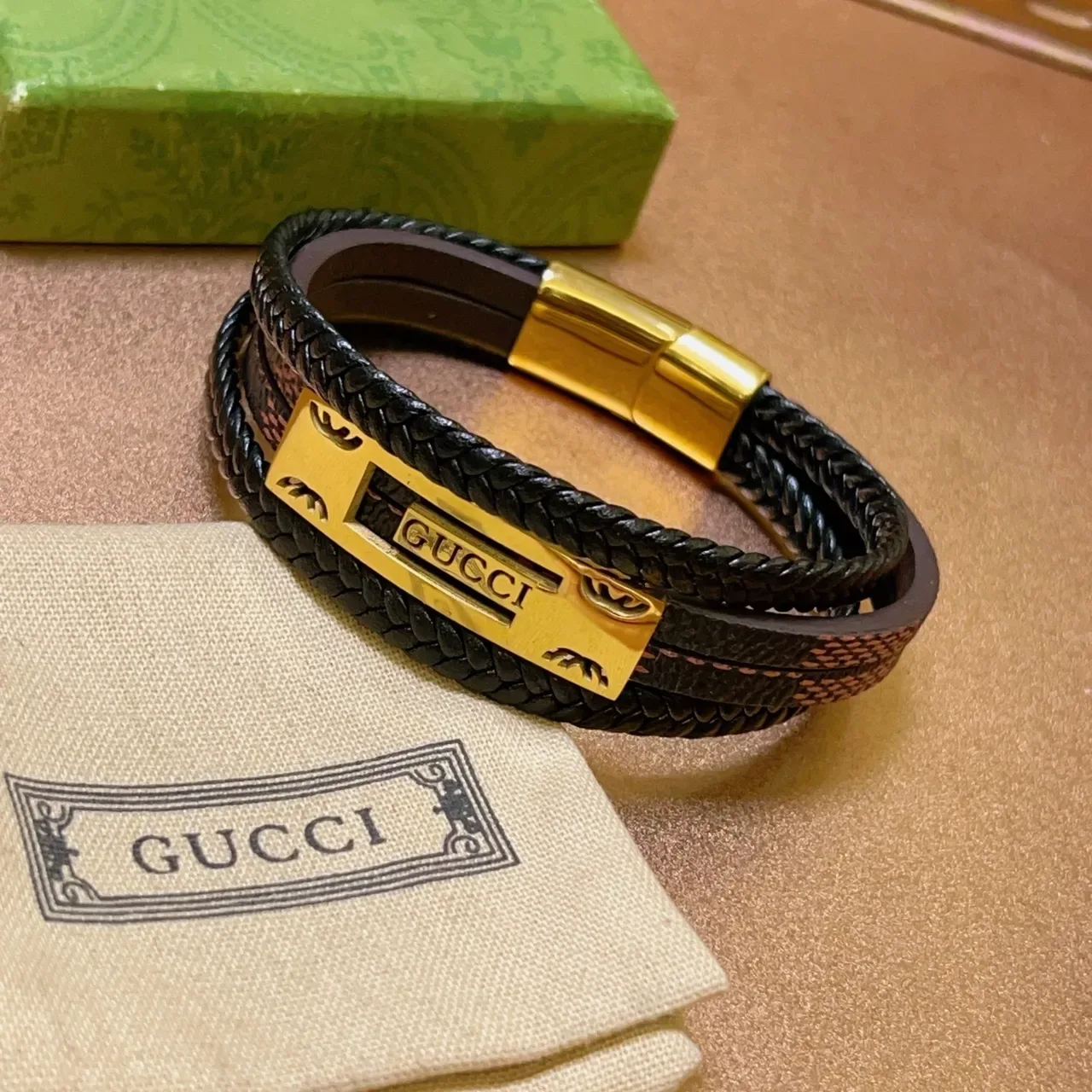 Gucci Black Gold Double-Wrap Braided Leather Bracelet 6