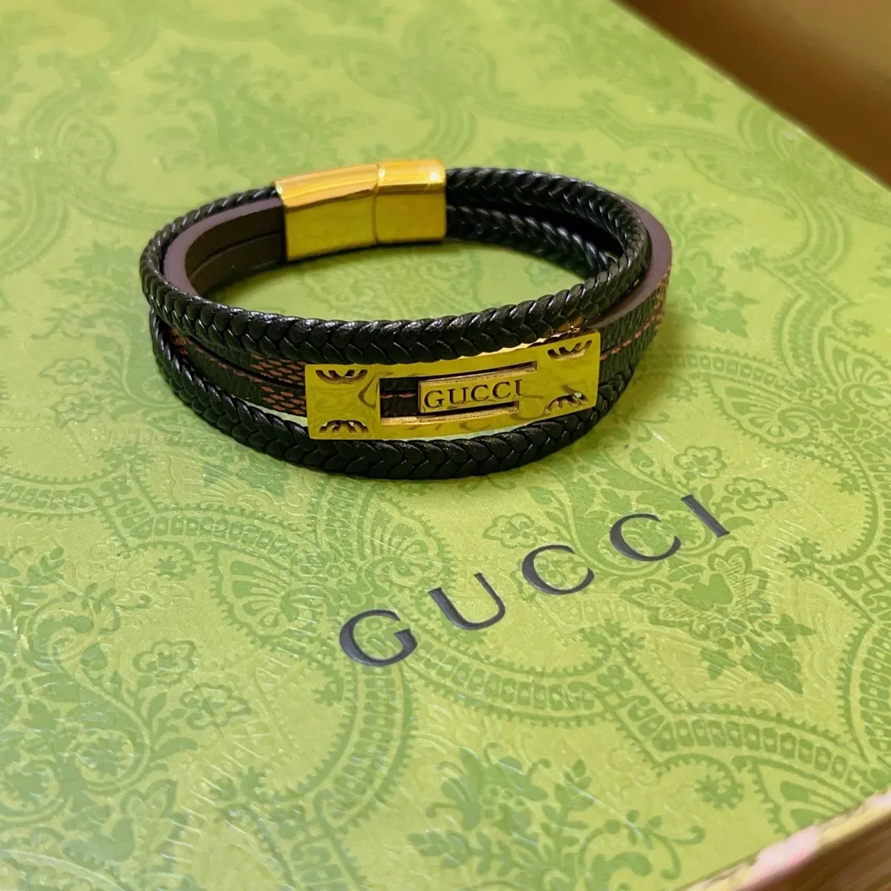 Gucci Black Gold Double-Wrap Braided Leather Bracelet 7