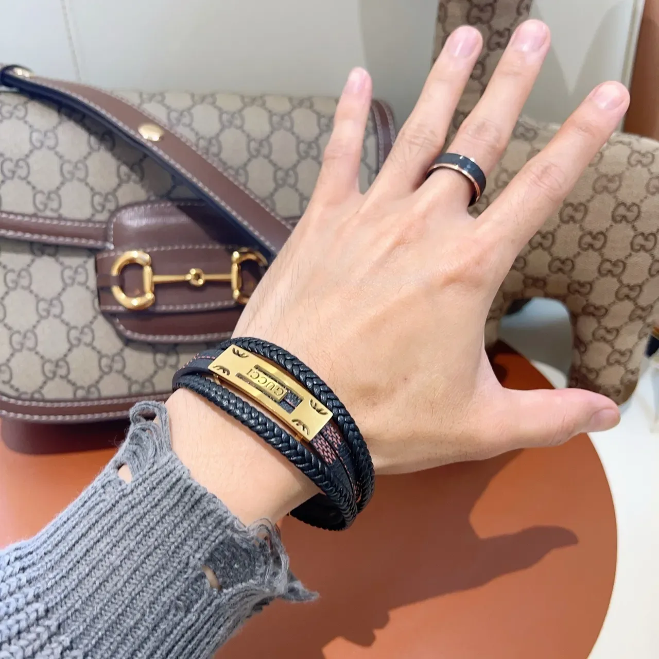 Gucci Black Gold Double-Wrap Braided Leather Bracelet 8