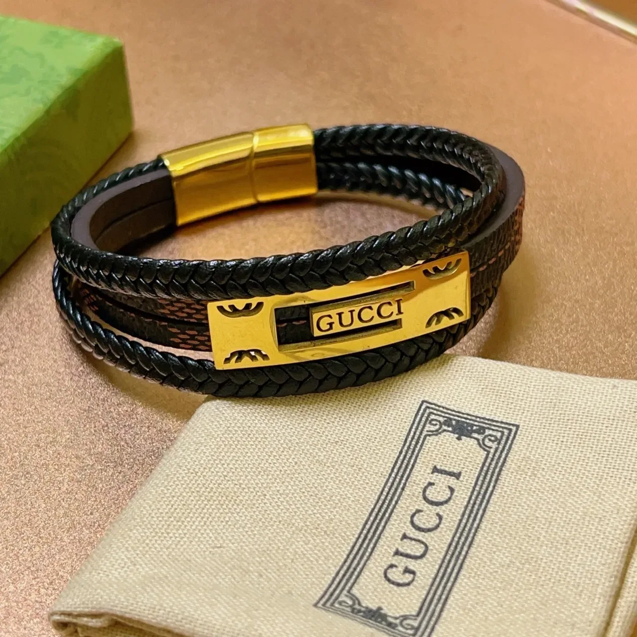 Gucci Black Gold Double-Wrap Braided Leather Bracelet 9