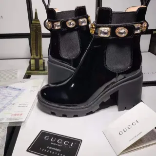 Gucci Black Gold Glossy Patent Leather Crystal-Embellished Strap Ankle Boots