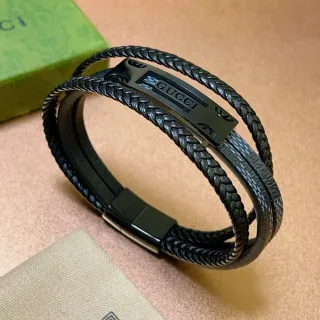 Gucci काला भूरा डबल-रैप ब्रेडेड लेदर ब्रेसलेट