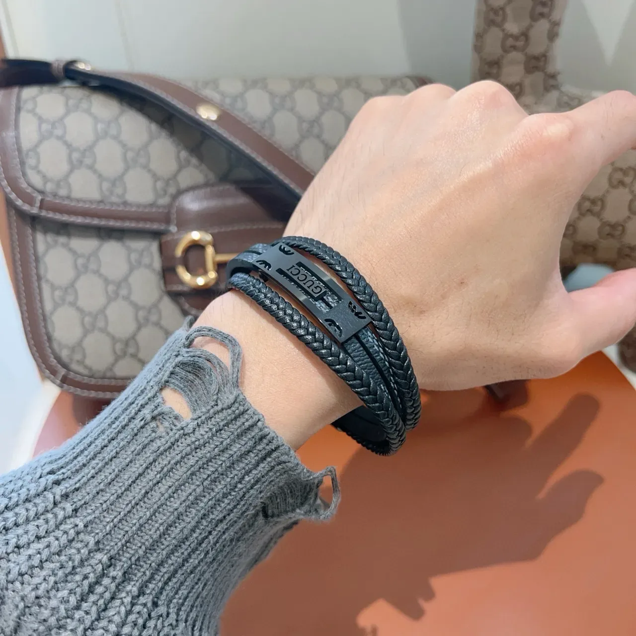 Gucci Bracelet Cuir Tressé Noir Gris Double Enroulement 2