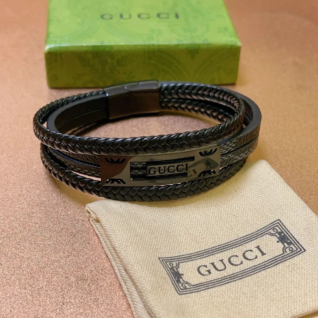 Gucci Bracelet Cuir Tressé Noir Gris Double Enroulement 3