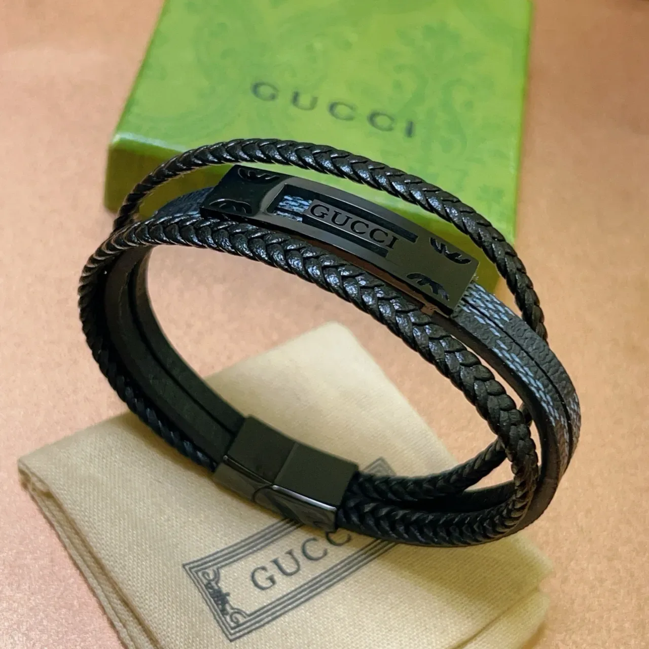 Gucci Bracelet Cuir Tressé Noir Gris Double Enroulement 4