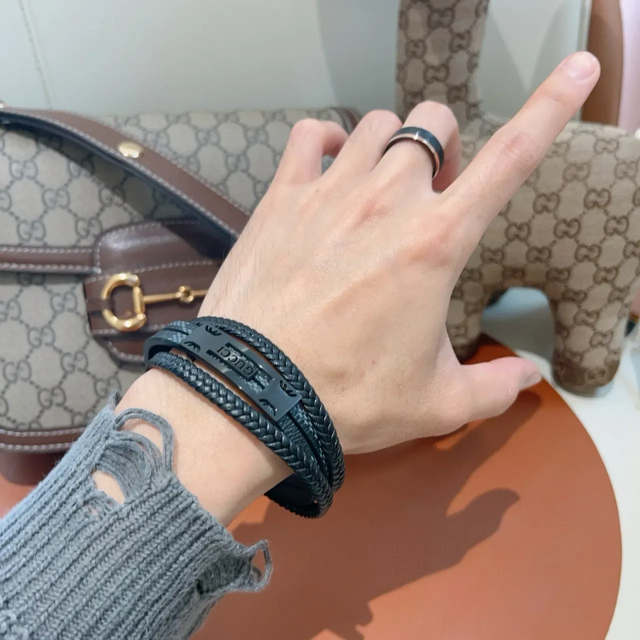 Gucci Bracelet Cuir Tressé Noir Gris Double Enroulement 5