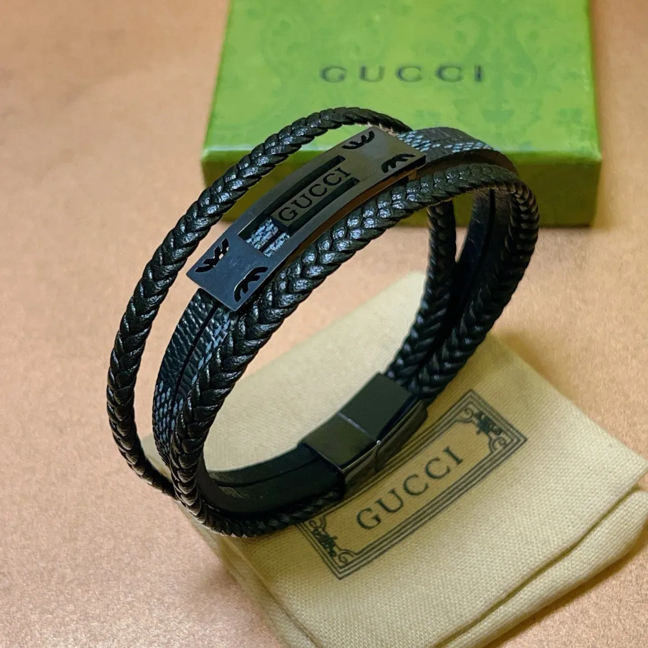 Gucci Bracelet Cuir Tressé Noir Gris Double Enroulement 6