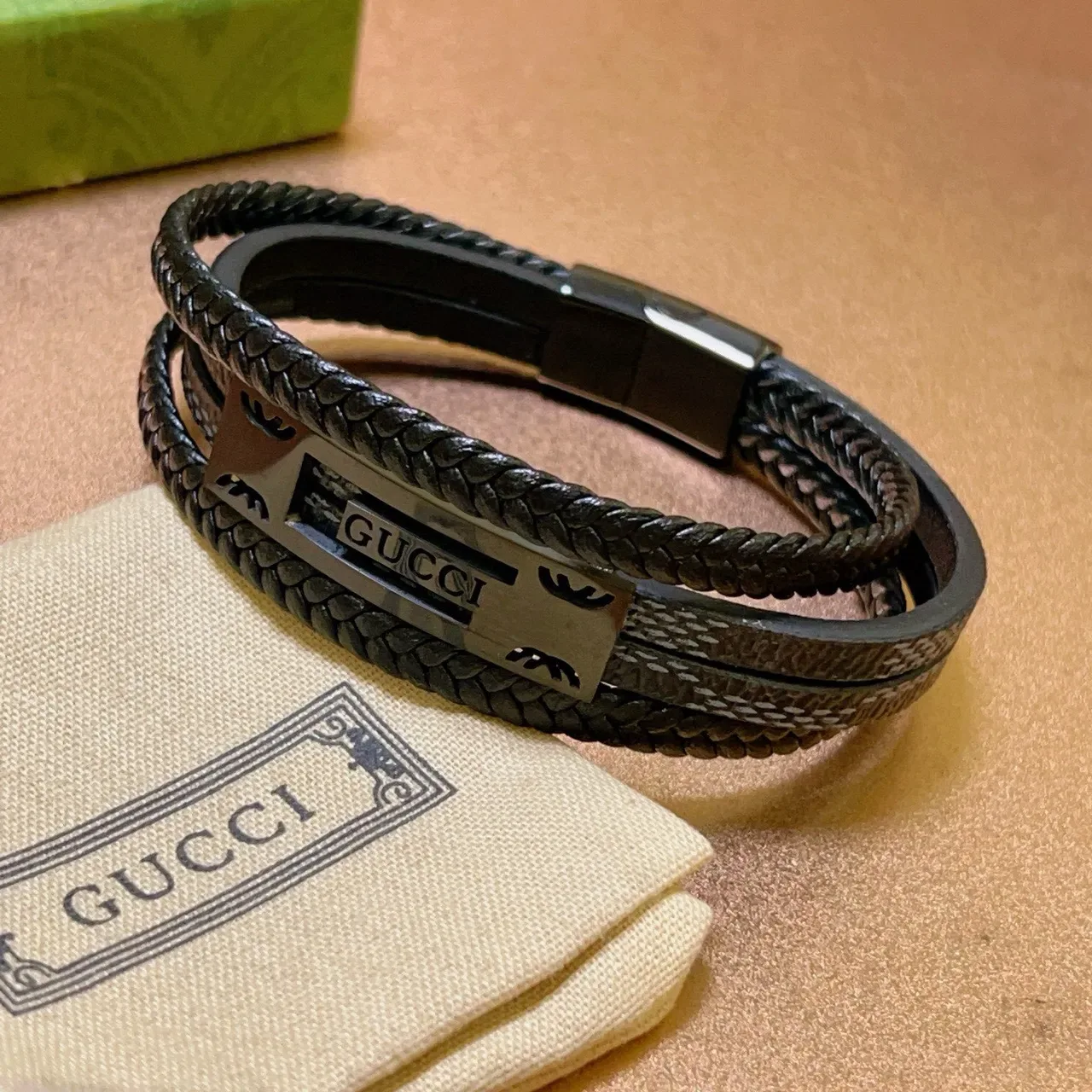 Gucci Bracelet Cuir Tressé Noir Gris Double Enroulement 7