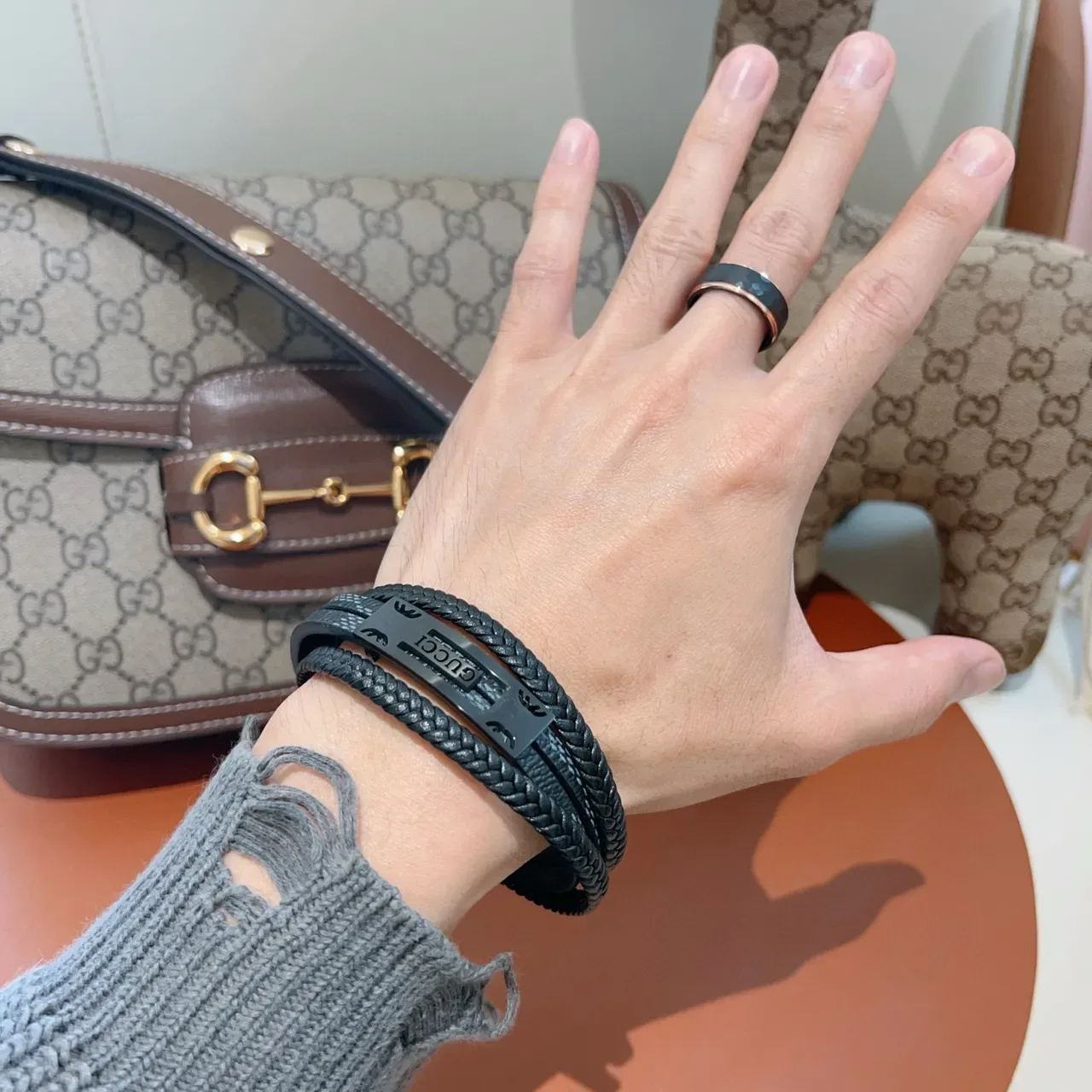 Gucci Bracelet Cuir Tressé Noir Gris Double Enroulement 8