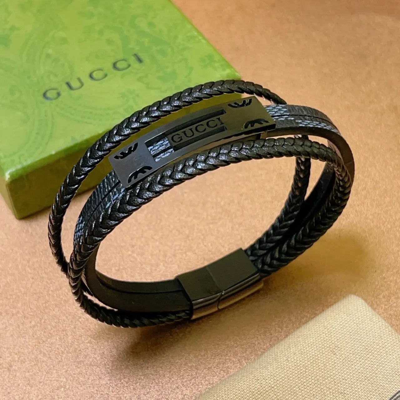 Gucci Bracelet Cuir Tressé Noir Gris Double Enroulement 9