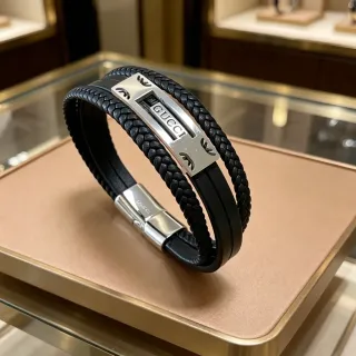Gucci سوار جلد مضفر أسود فضي مزدوج اللف