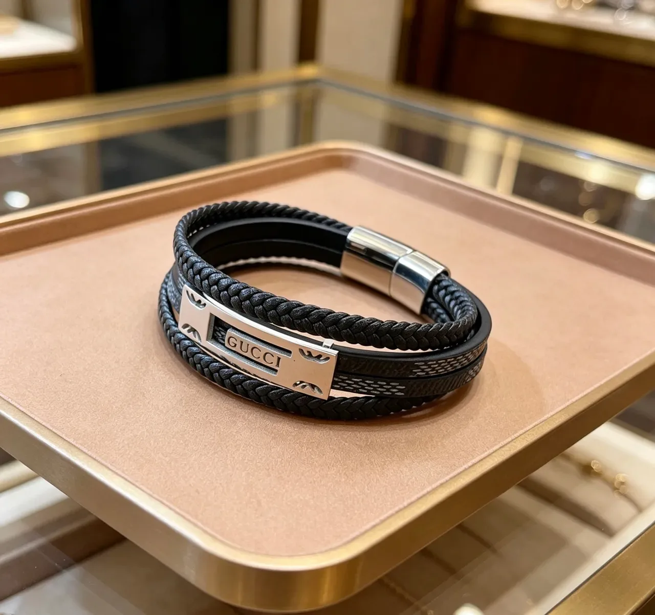 Gucci Black Silver Braided Leather Double-Wrap Bracelet 2