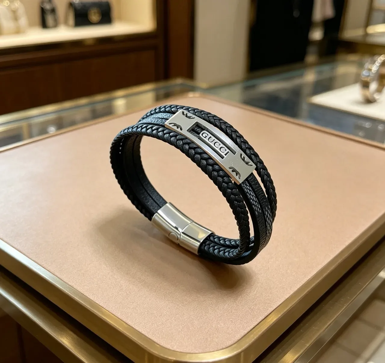 Gucci Black Silver Braided Leather Double-Wrap Bracelet 4