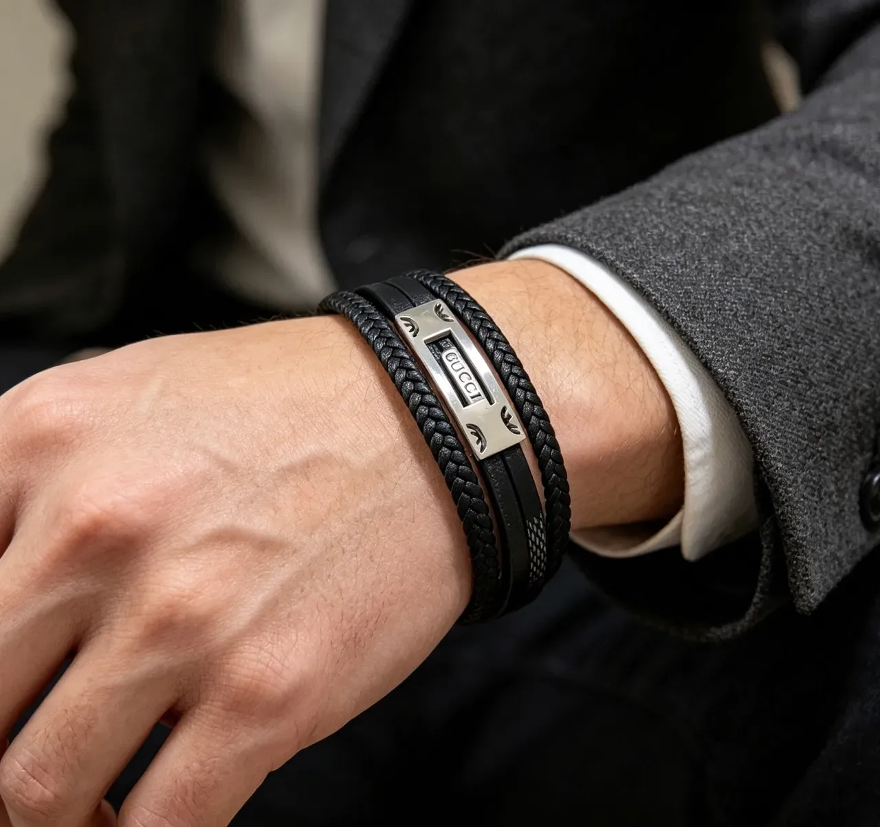 Gucci Black Silver Braided Leather Double-Wrap Bracelet 5