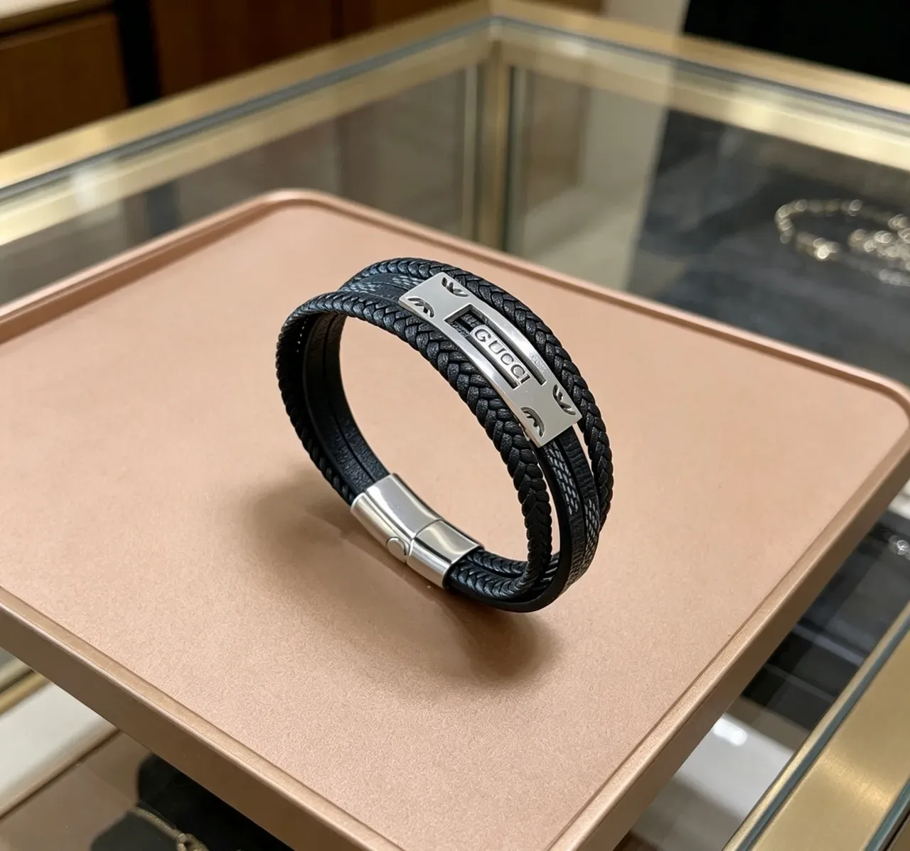 Gucci Black Silver Braided Leather Double-Wrap Bracelet 6