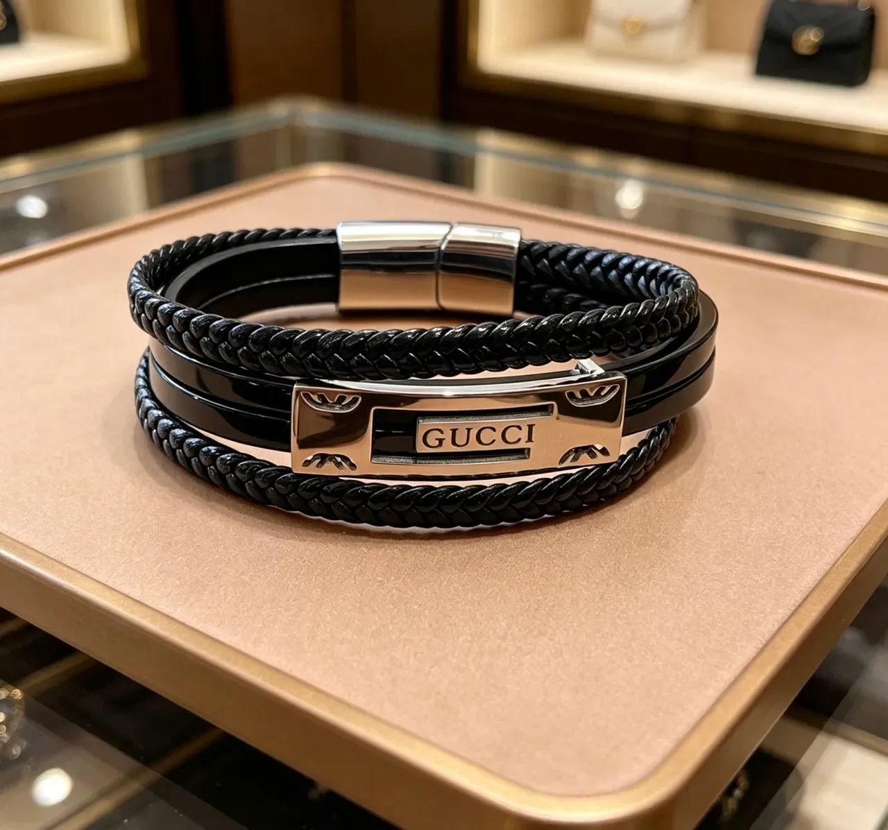 Gucci Black Silver Braided Leather Double-Wrap Bracelet 7