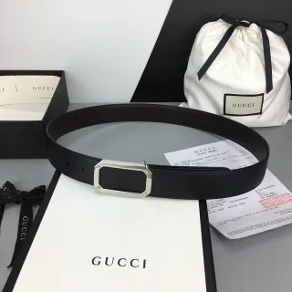 Gucci Black Silver Strap Rectangular Buckle Leather Belt