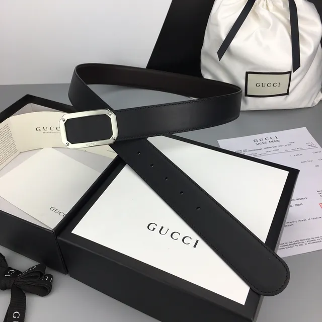 Gucci Black Silver Strap Rectangular Buckle Leather Belt 2