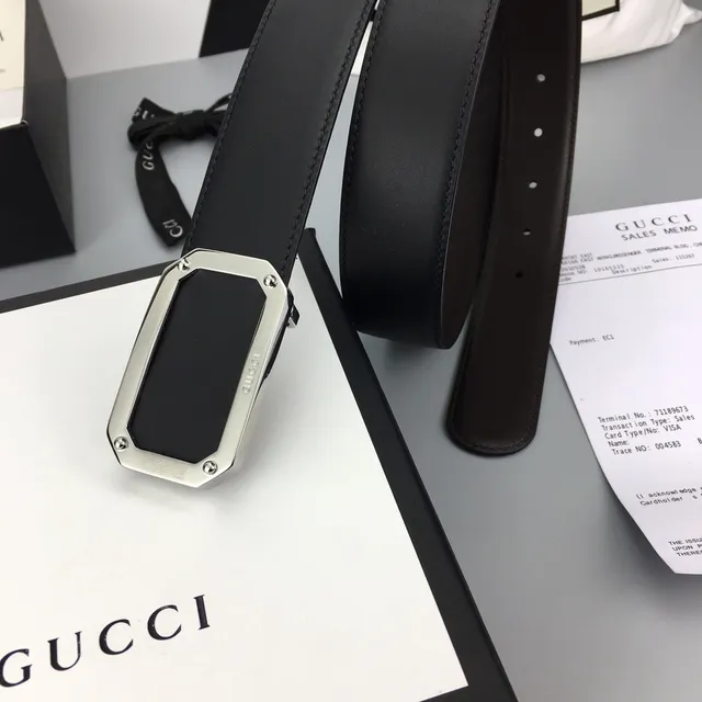 Gucci Black Silver Strap Rectangular Buckle Leather Belt 3