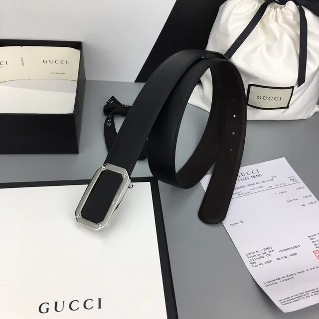 Gucci Black Silver Strap Rectangular Buckle Leather Belt 4