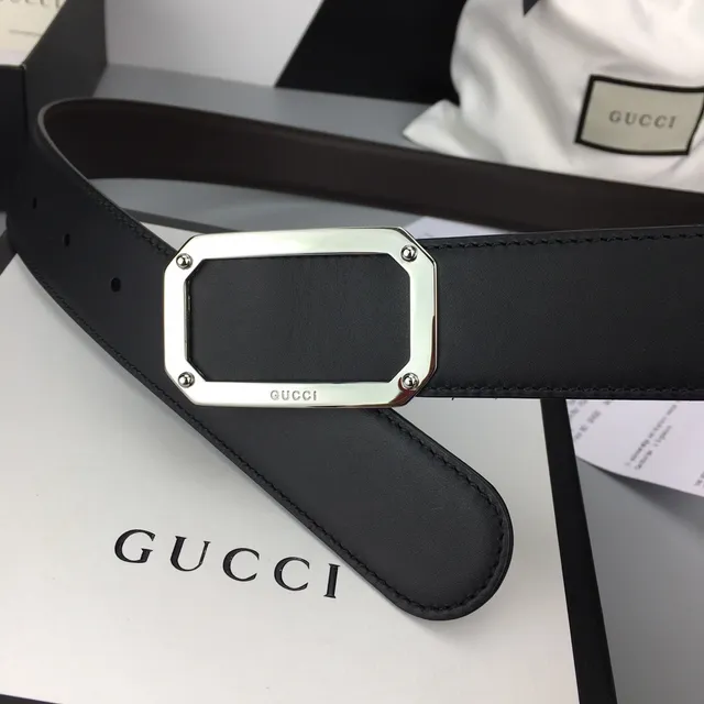 Gucci Black Silver Strap Rectangular Buckle Leather Belt 5