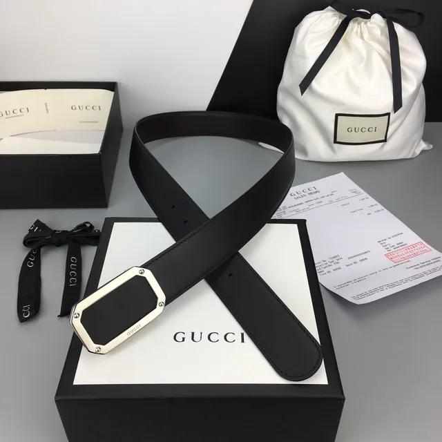 Gucci Black Silver Strap Rectangular Buckle Leather Belt 6
