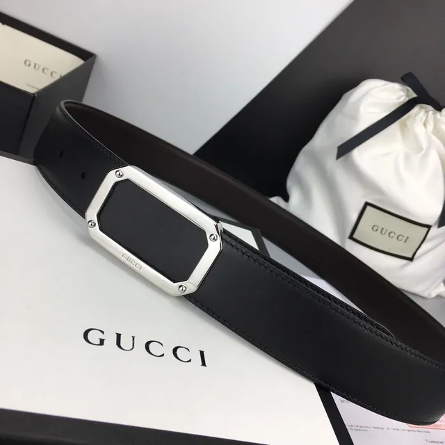 Gucci Black Silver Strap Rectangular Buckle Leather Belt 9