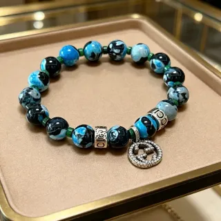 Gucci Blue Black Marbled Agate-Style Beads Pavé Crystal GG Charm Bracelet