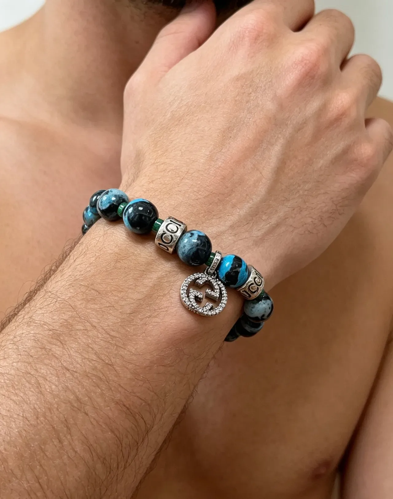 Gucci Blue Black Marbled Agate-Style Beads Pavé Crystal GG Charm Bracelet 2