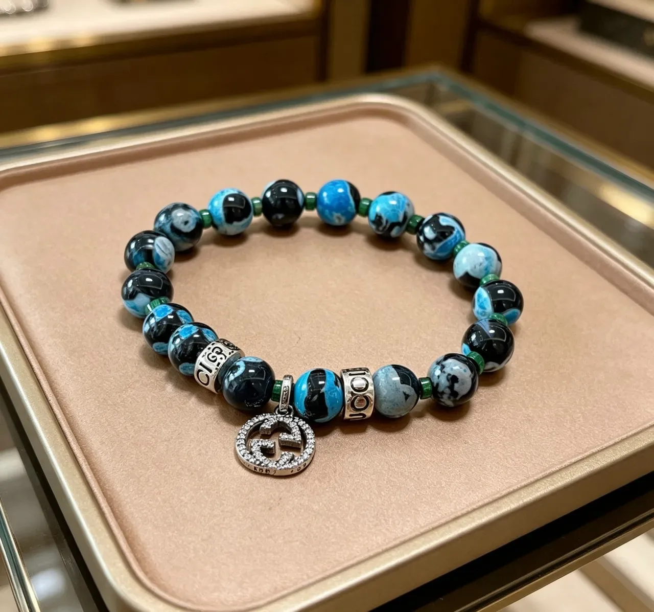 Gucci Blue Black Marbled Agate-Style Beads Pavé Crystal GG Charm Bracelet 3