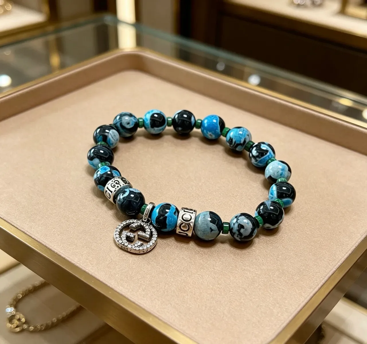 Gucci Blue Black Marbled Agate-Style Beads Pavé Crystal GG Charm Bracelet 4