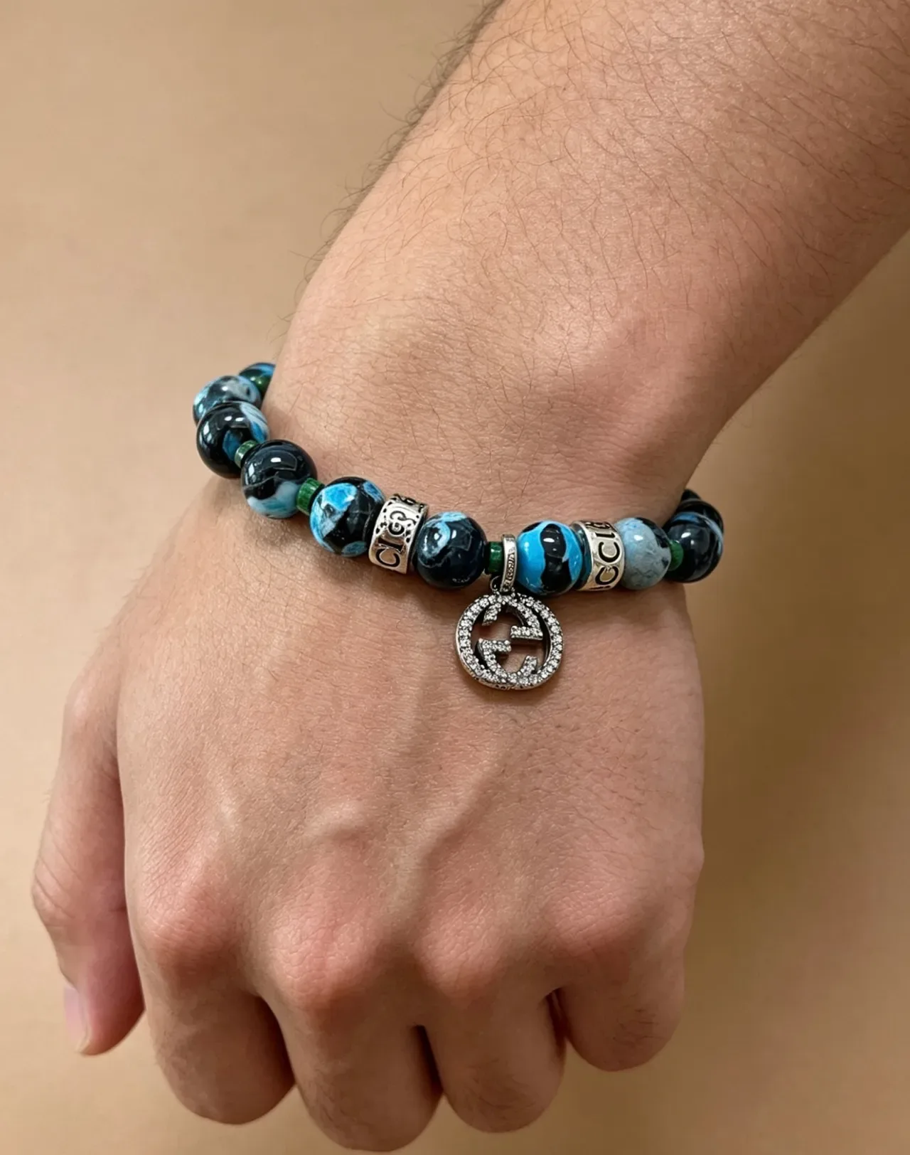 Gucci Blue Black Marbled Agate-Style Beads Pavé Crystal GG Charm Bracelet 5