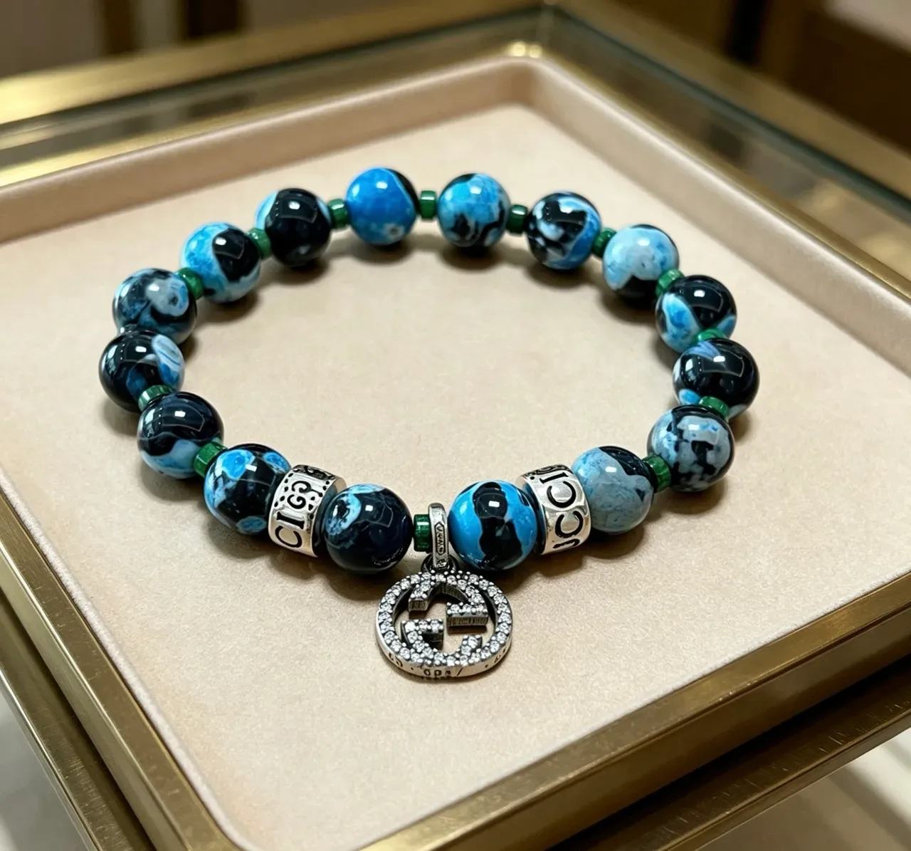 Gucci Blue Black Marbled Agate-Style Beads Pavé Crystal GG Charm Bracelet 6