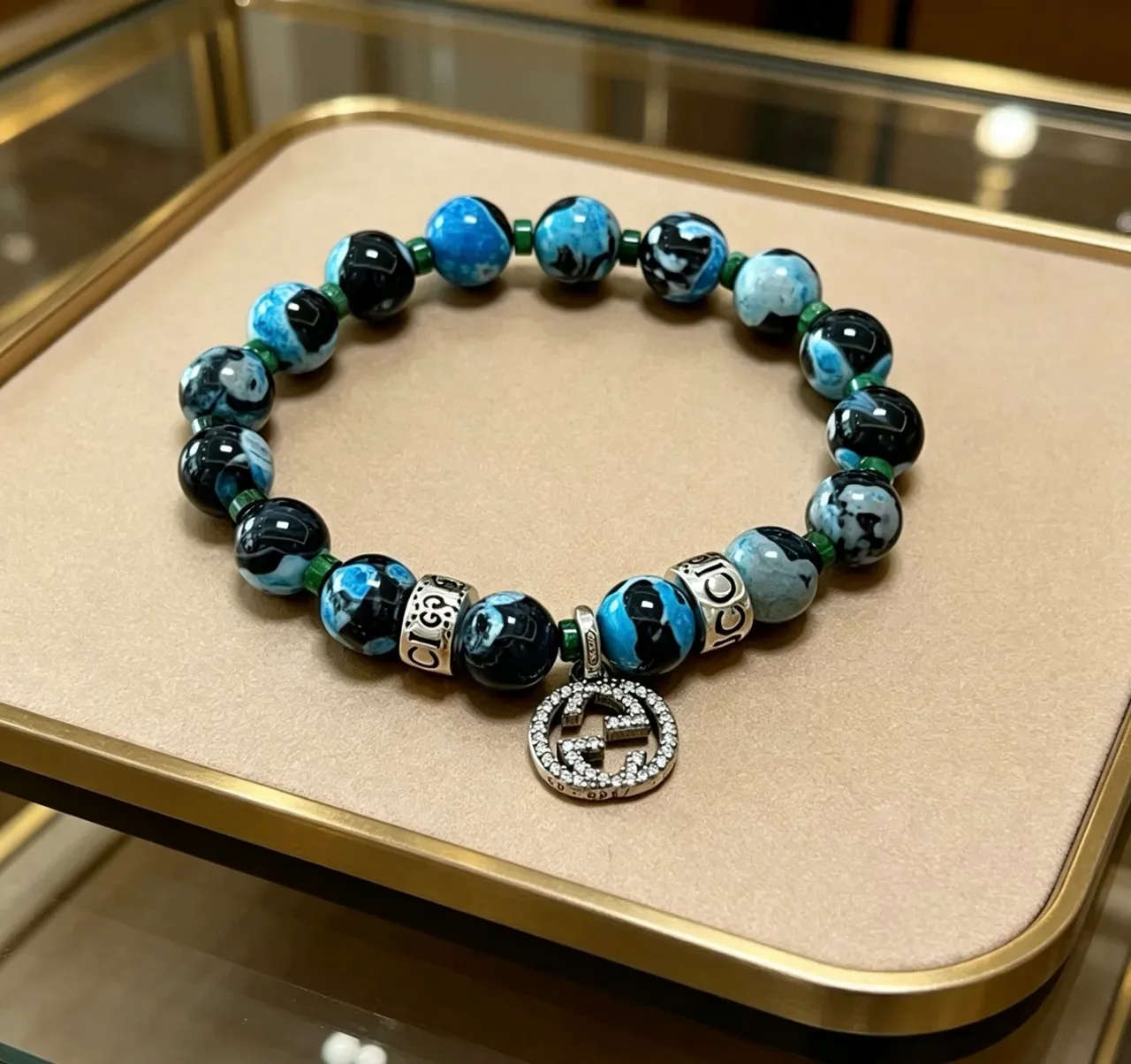 Gucci Blue Black Marbled Agate-Style Beads Pavé Crystal GG Charm Bracelet 7