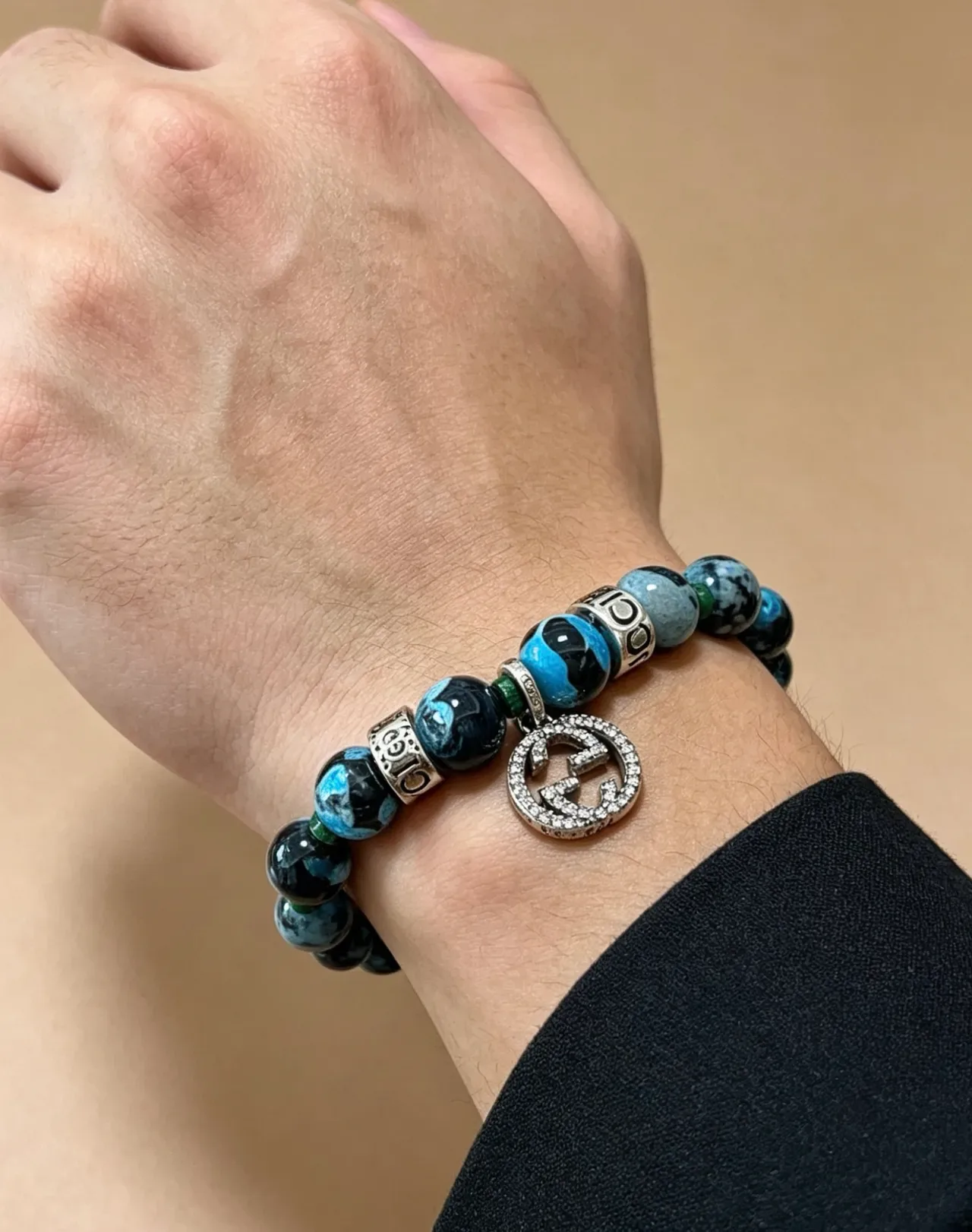Gucci Blue Black Marbled Agate-Style Beads Pavé Crystal GG Charm Bracelet 8