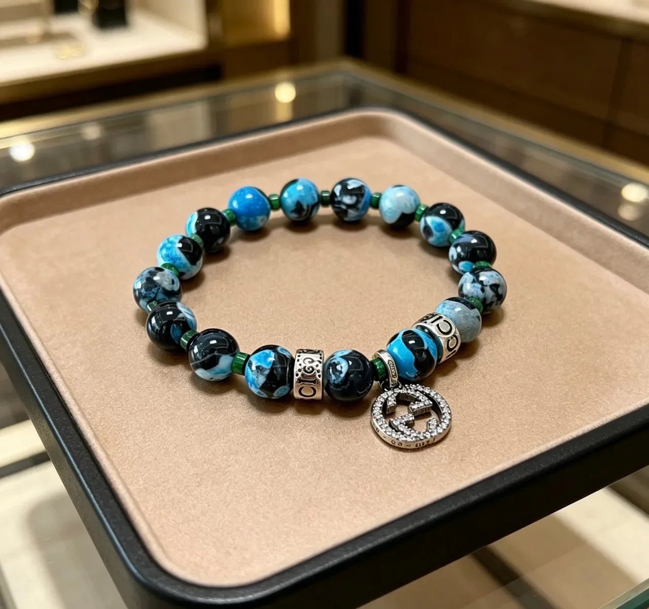 Gucci Blue Black Marbled Agate-Style Beads Pavé Crystal GG Charm Bracelet 9