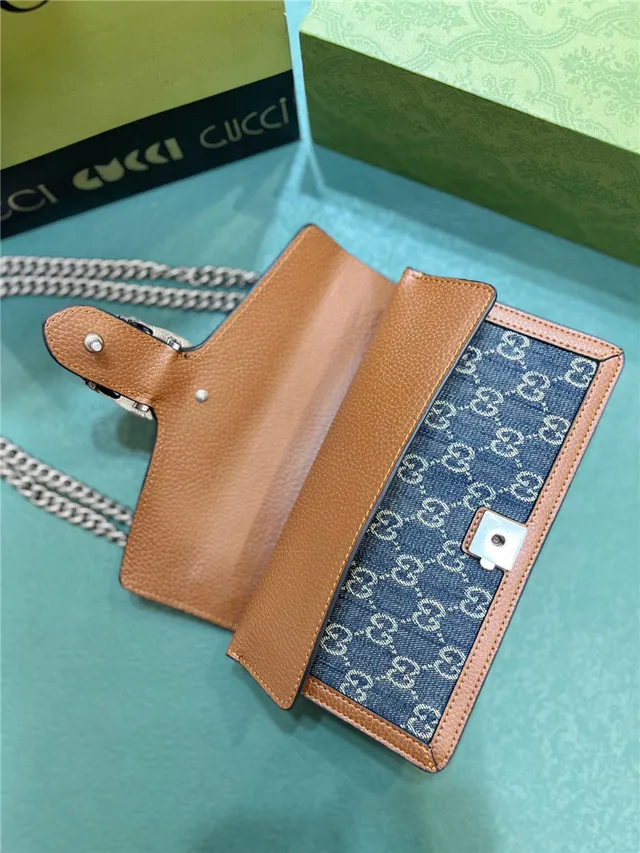 Gucci Blue Brown GG Monogram Denim Tan Leather Trim Chain Bag 2