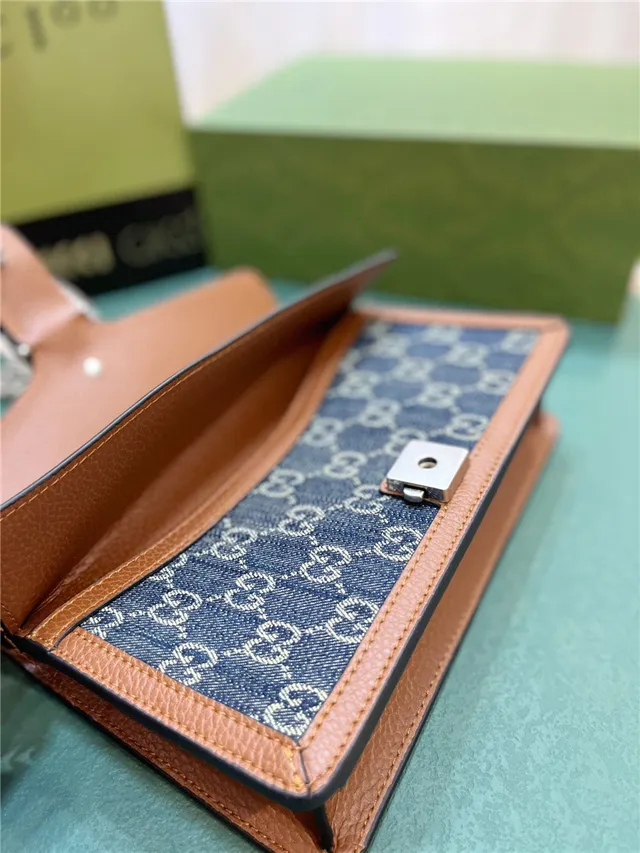 Gucci Blue Brown GG Monogram Denim Tan Leather Trim Chain Bag 3