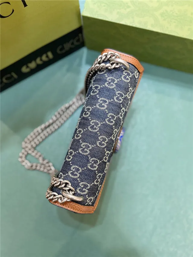 Gucci Blue Brown GG Monogram Denim Tan Leather Trim Chain Bag 5