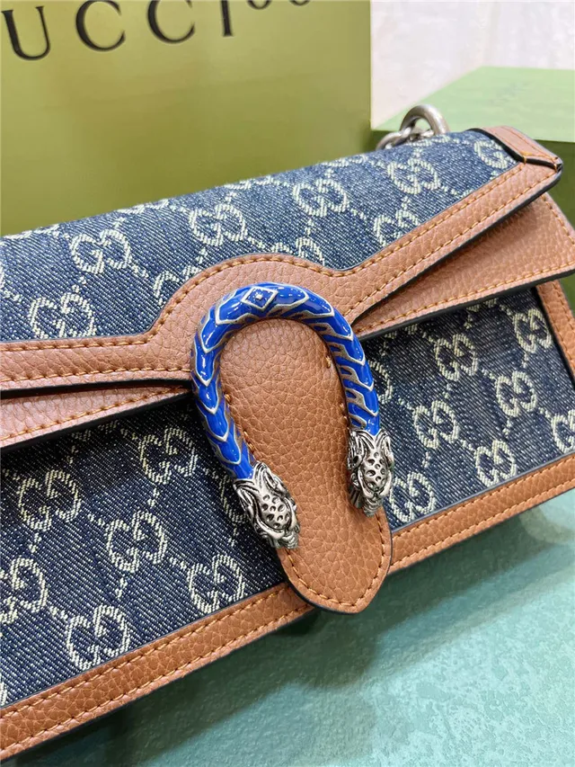 Gucci Blue Brown GG Monogram Denim Tan Leather Trim Chain Bag 6