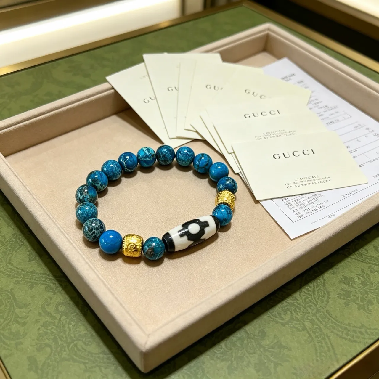 Gucci Pulseira de contas azuis e douradas com pedra de estilo turquesa 2