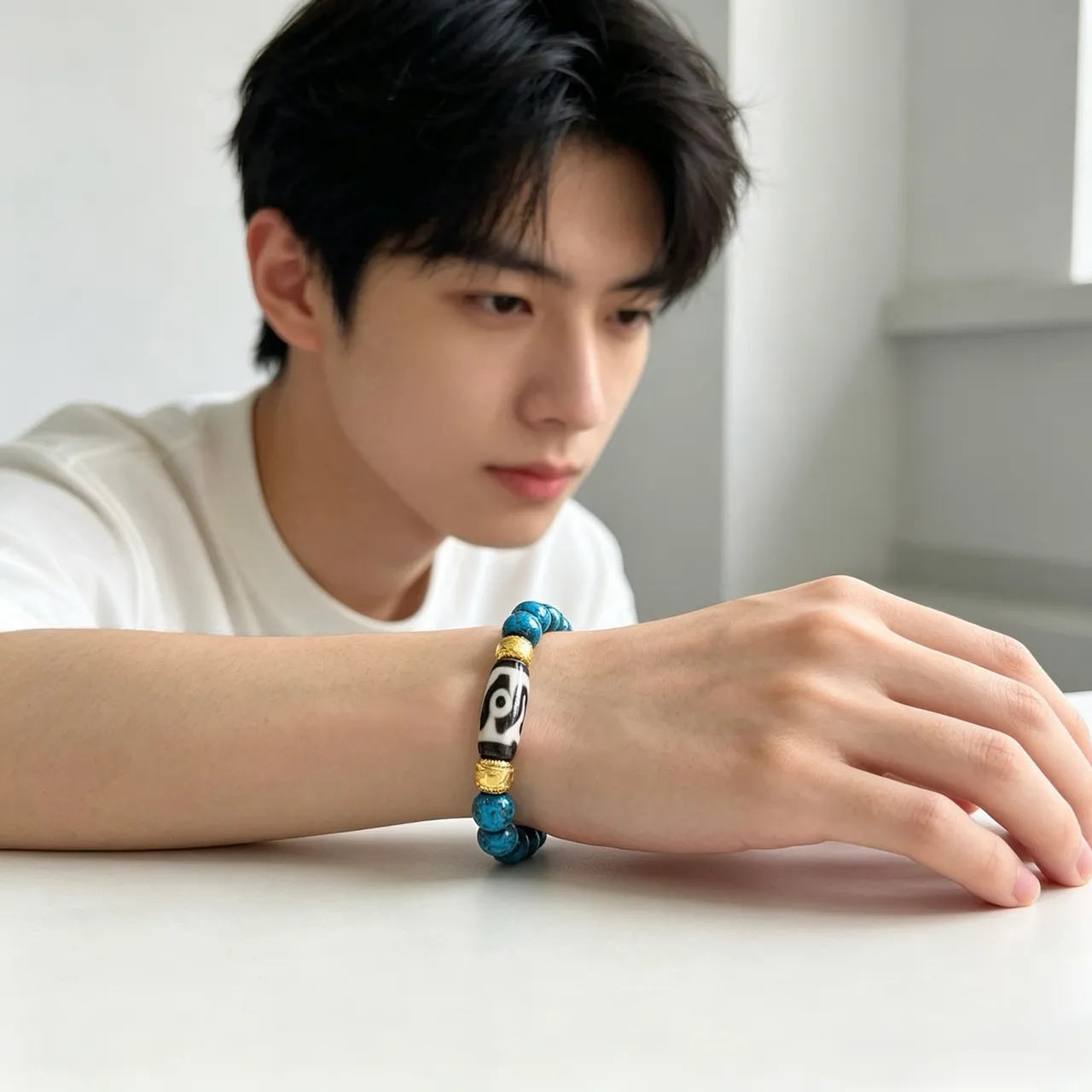 Gucci Pulseira de contas azuis e douradas com pedra de estilo turquesa 3