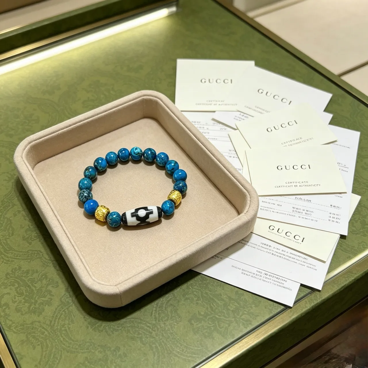 Gucci Pulseira de contas azuis e douradas com pedra de estilo turquesa 4