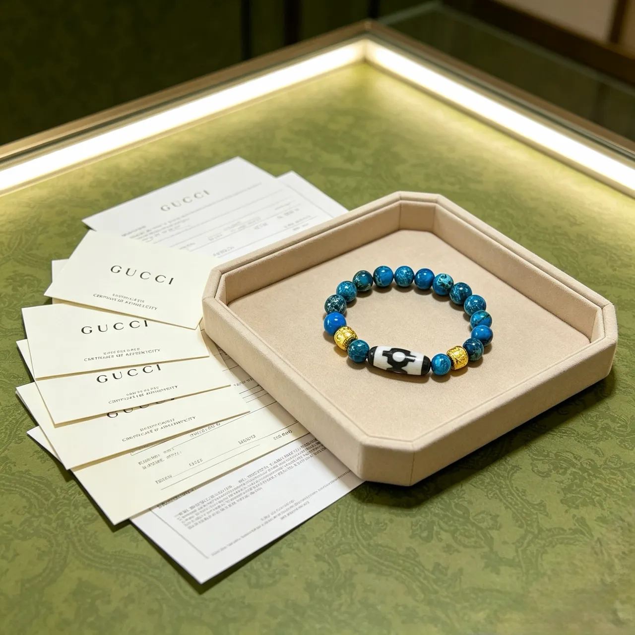 Gucci Pulseira de contas azuis e douradas com pedra de estilo turquesa 6