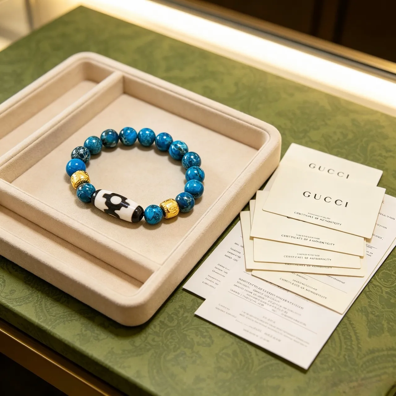 Gucci Pulseira de contas azuis e douradas com pedra de estilo turquesa 7