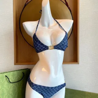 Gucci Blue Gold Monogrammed Denim-Effect Halter Triangle Top Swimwear