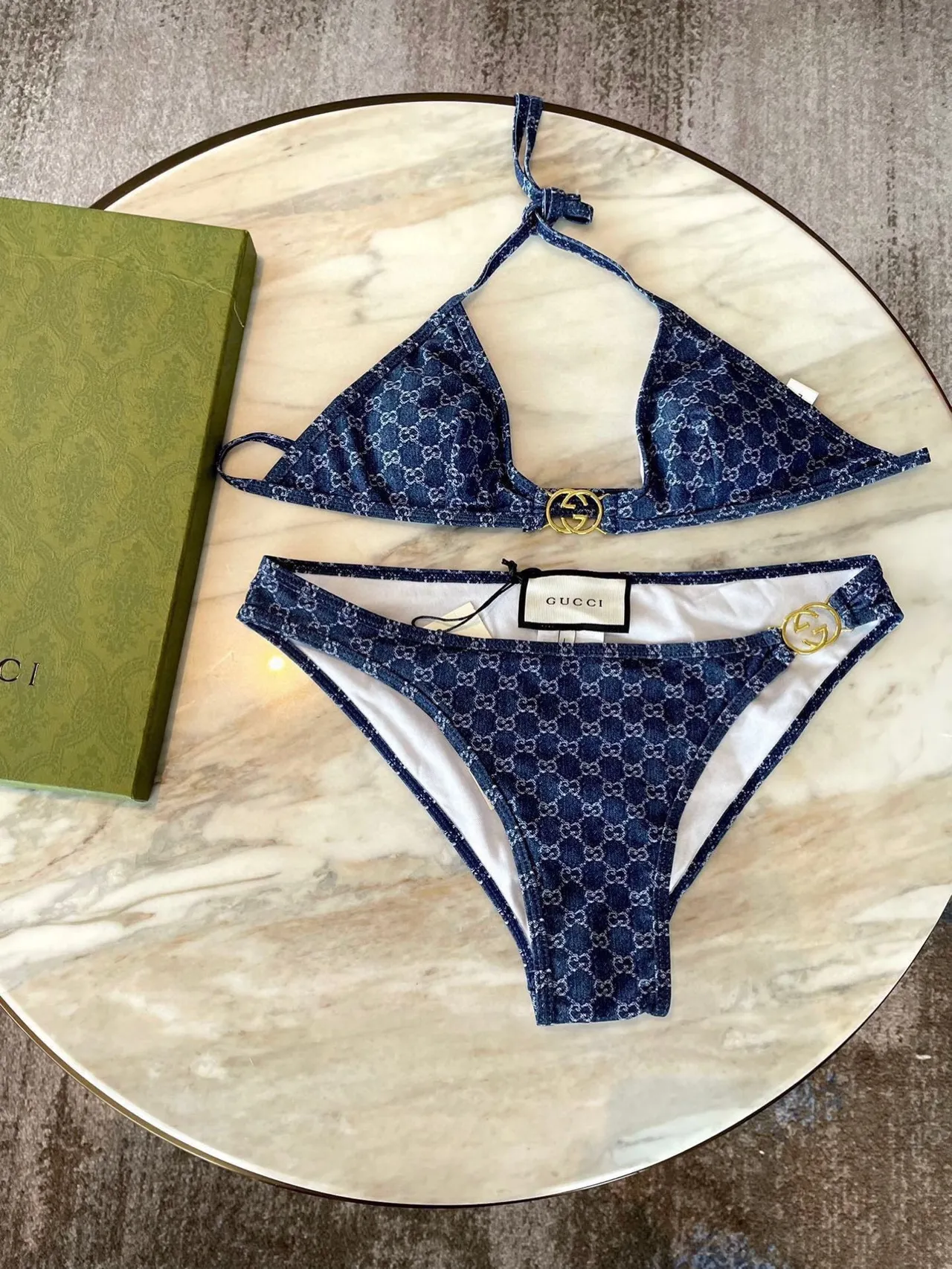 Gucci Blue Gold Monogrammed Denim-Effect Halter Triangle Top Swimwear 2